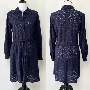 Calvin Klein Navy Blue Eyelet Lace Button Front Long Sleeve Dress Unlined Size 8